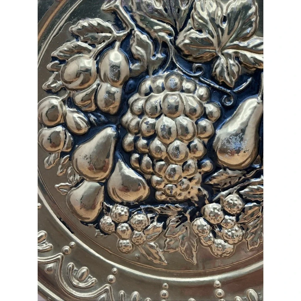 Vintage English 2 Tin Wall Plates Fruit Still Life Gold Tone Blue/Black Ground